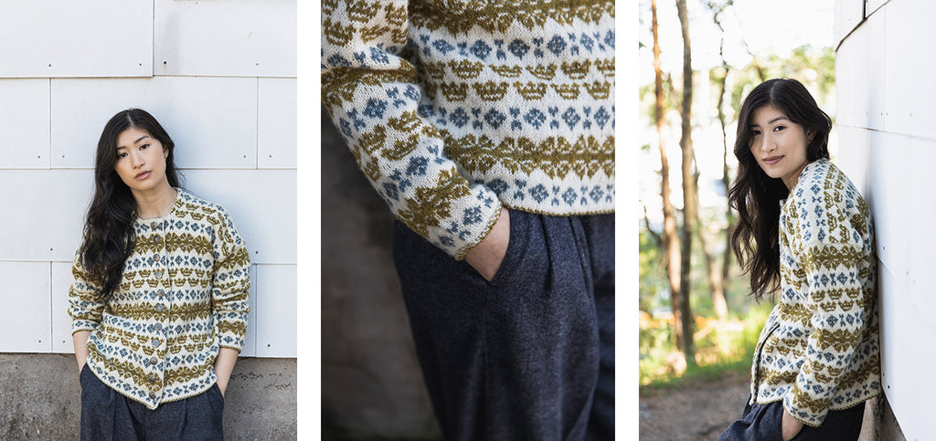 Three images of the Sørensdatter cardigan and its details.