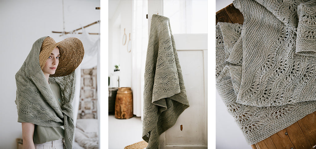 Three images of the Sommernacht shawl and its details.