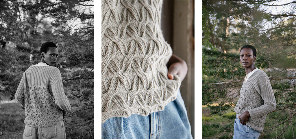 Three images of the Woven Bands sweater and its details.