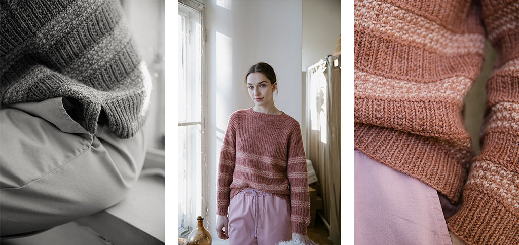 Three images of the Vespertine sweater and its details.
