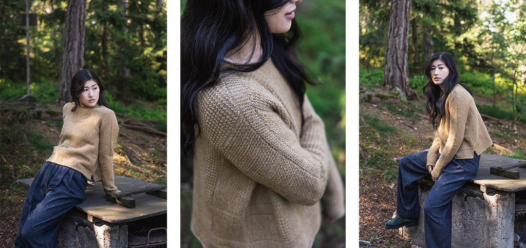 Three images of the Viburna sweater and its details.