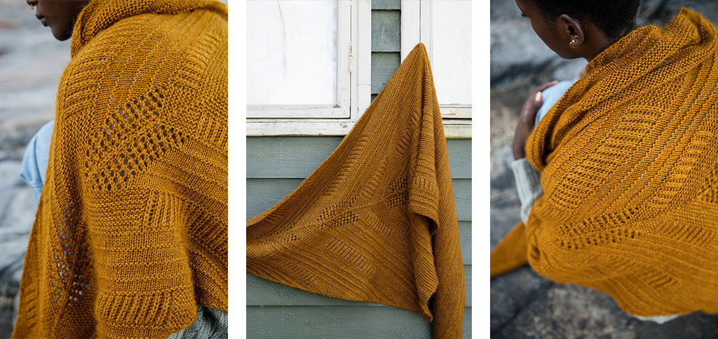 Three more images of the Honey Glow shawl and its details.