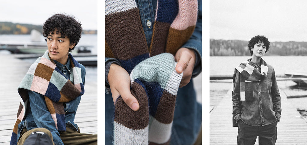 Three images of the Color Chart scarf and its details.