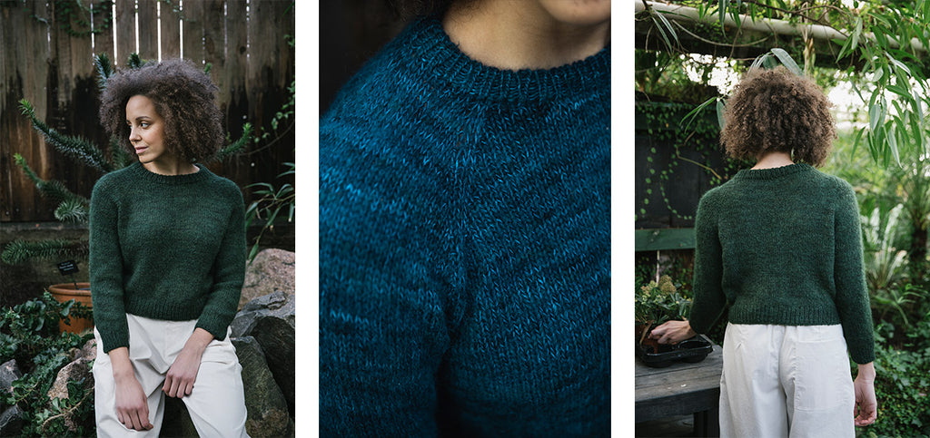 Three images of the Lento sweater, in two different colors.