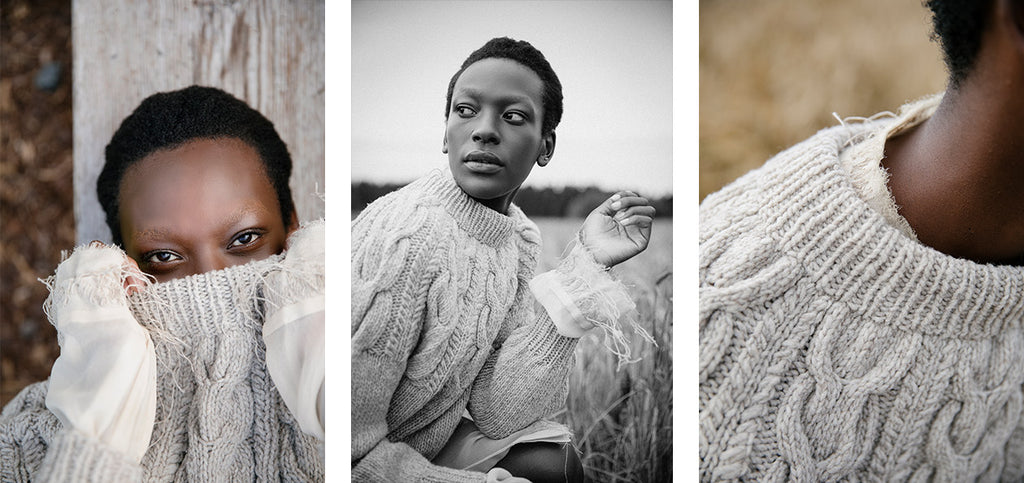 Three images of the Snowy Forest sweater in another color.