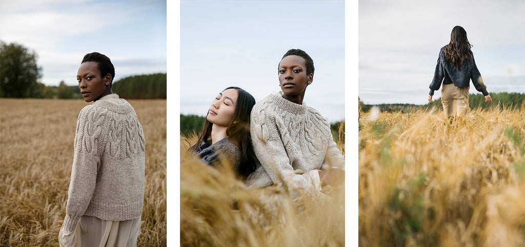 Three images of the two different colored versions of Snowy Forest, on two models.