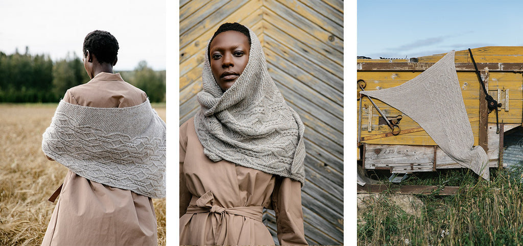 Three images of the Portia shawl.