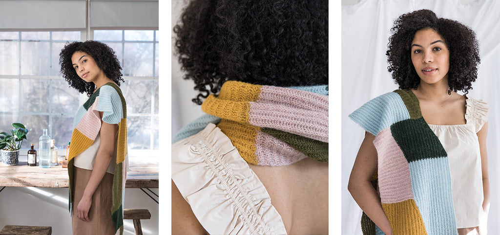 Three images of the Forming scarf and its details.