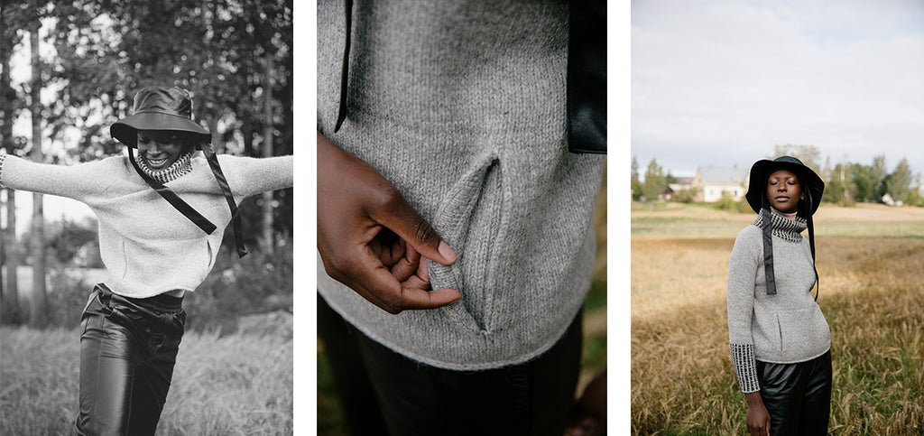 Three images of the Breukelen sweater and its details.