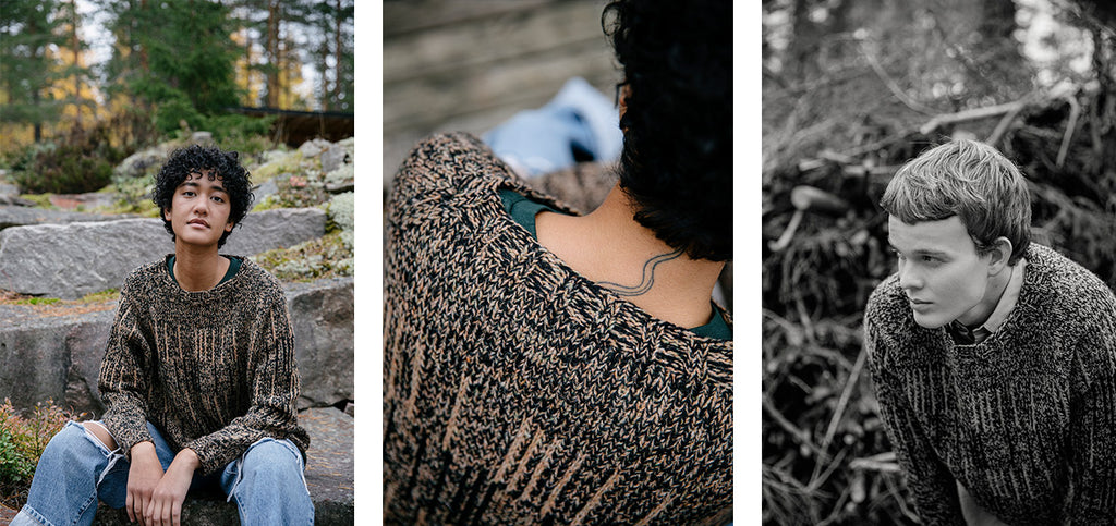 Three images of the Viiva sweater on two models.