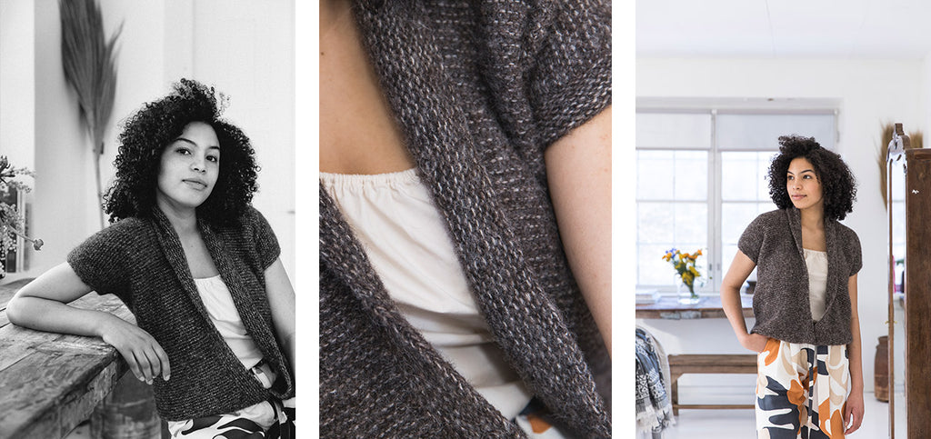 Three images of the Bea cardigan and its details.