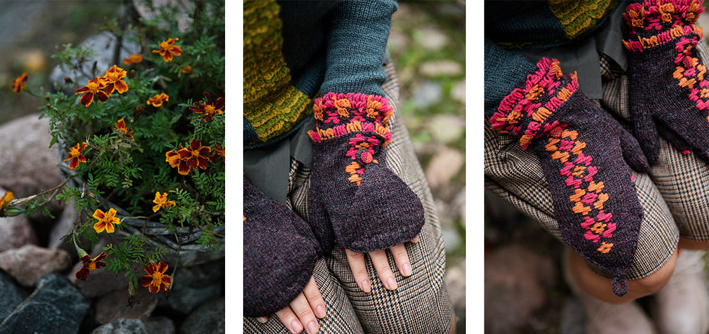 An image of flowers, and two images of the Kiperoosa mittens.