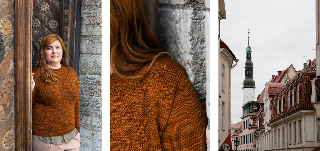 Three images of the Mulin sweater, worn by Aleks.