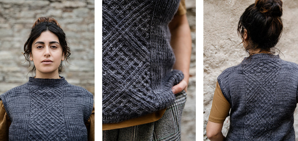 Three images of the Mustjala vest, worn by a model.