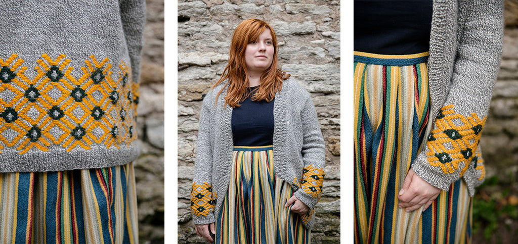 Three images of the details of the Päikene cardigan, worn by Aleks.