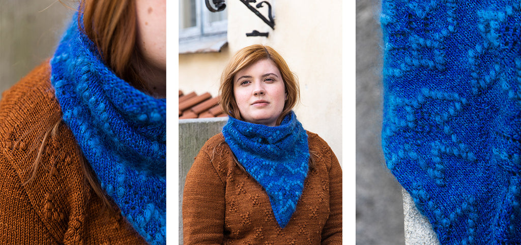 Three images of the Rukkilill cowl, worn by Aleks.