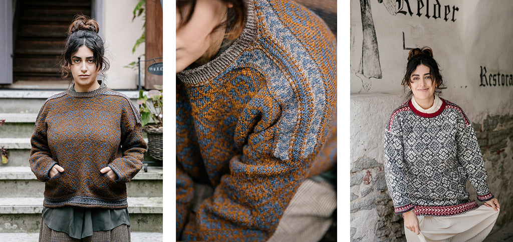 Three images of the Troi sweater, worn by a model.