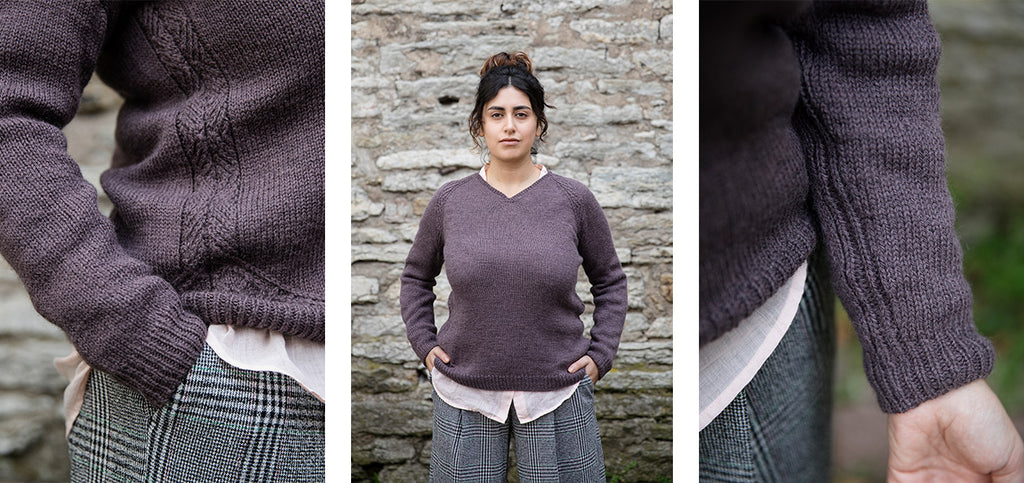 Three images of the Tuul sweater, worn by a model.