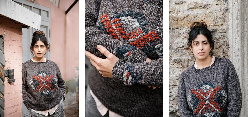 Three images of the Veski sweater on a model.