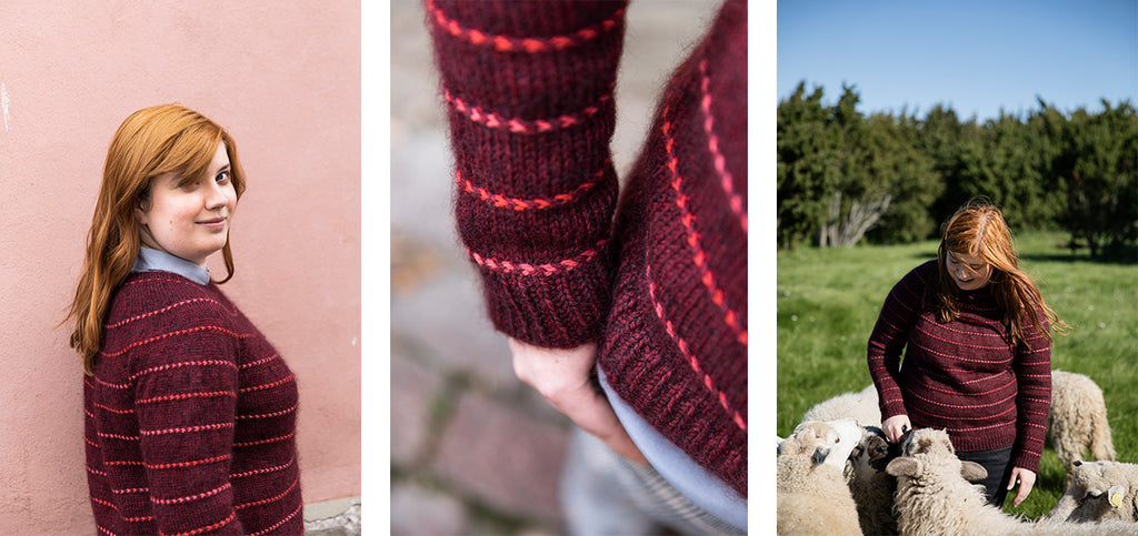 Three images of the Virvendus sweater, worn by Aleks.