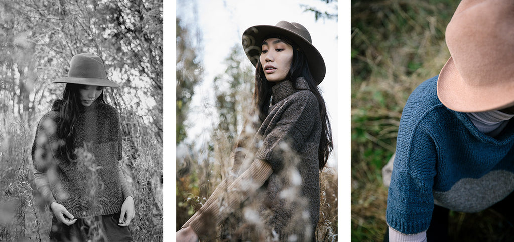 Three images of the Ascend sweater in two colors.