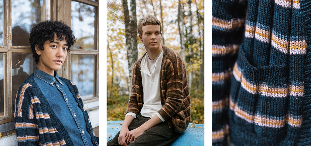 Three images of the Dracena cardigan in two colors, on two models.