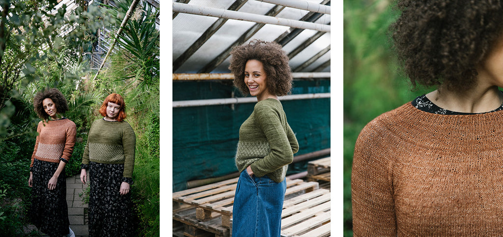 Three images of the Pereira sweater, in two different colors, on two different sized models.