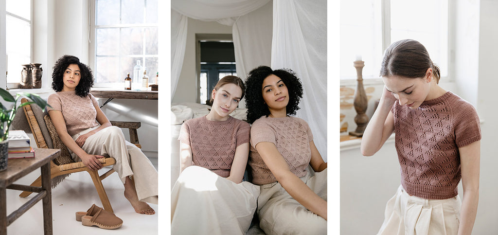 Three images of the Florencia sweater on two models.