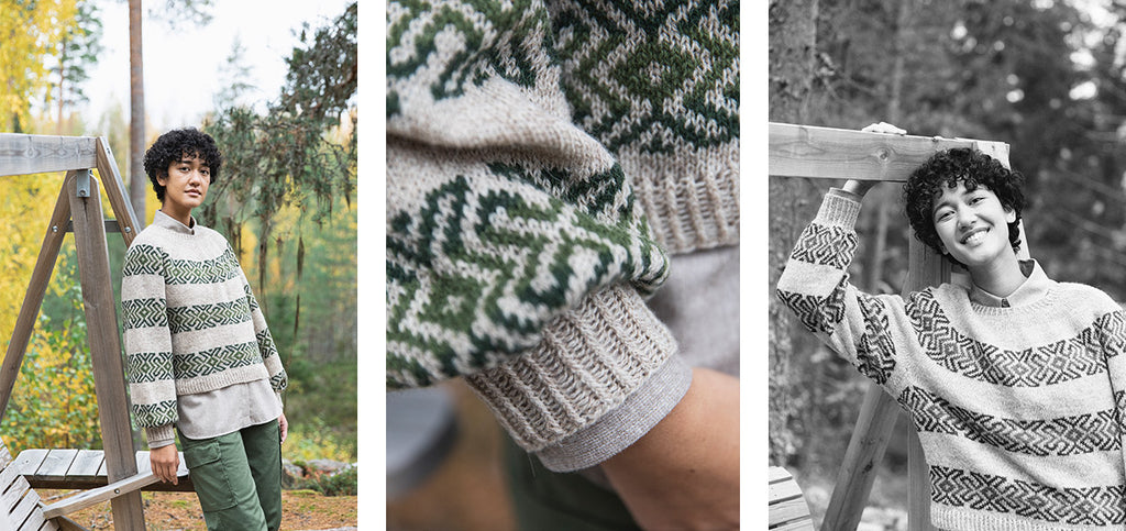 Three images of the Juoseppi sweater and its details.