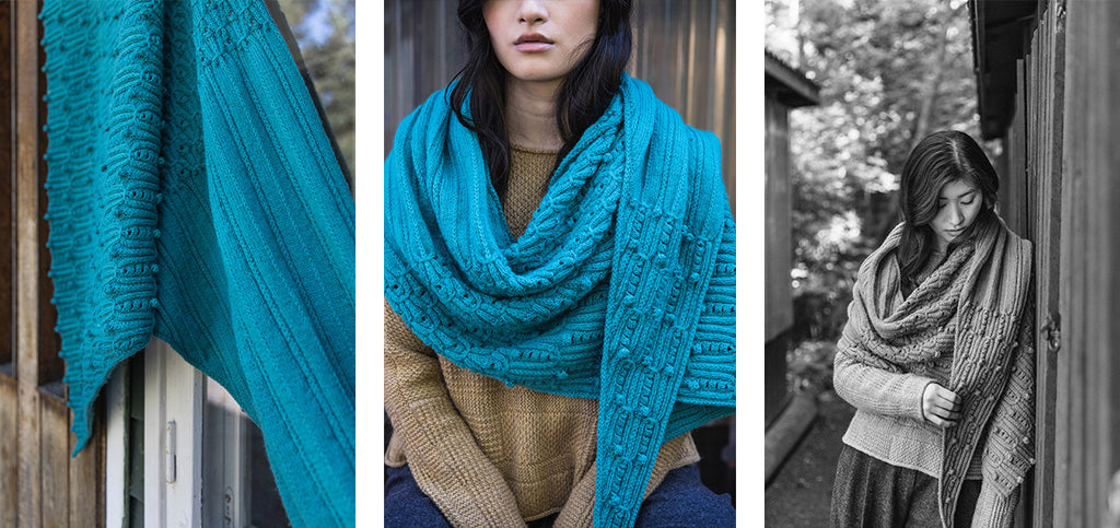 Three images of the Teira scarf and its details.