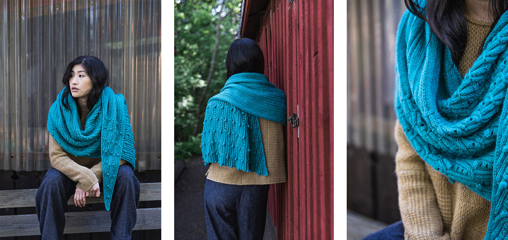 Three images of the Teira scarf and its details.