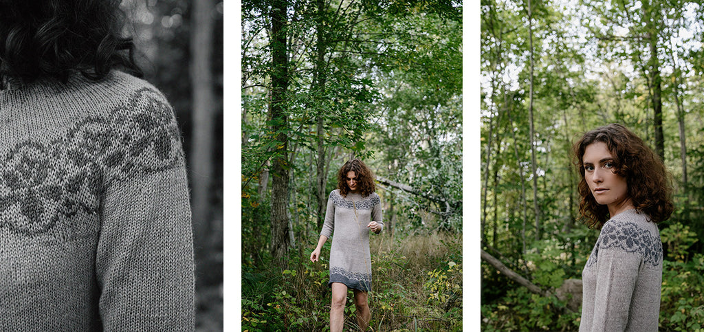 Three images of the Calm dress, worn by a model.