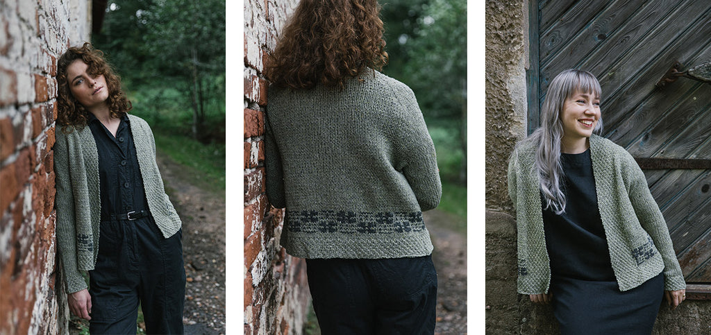 Three images of the Clover sweater, on a model and on Anna Johanna.