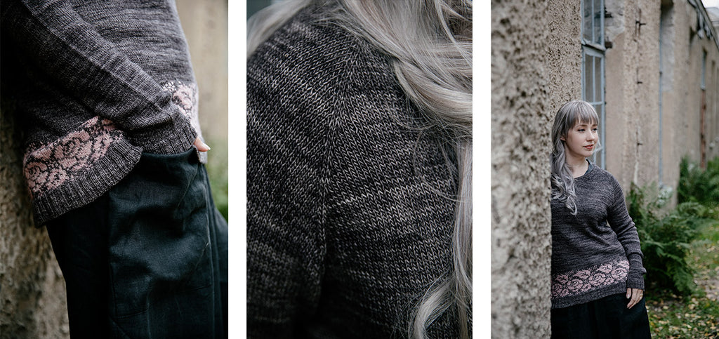 Three images of the Everythings coming up roses sweater, worn by Anna Johanna.