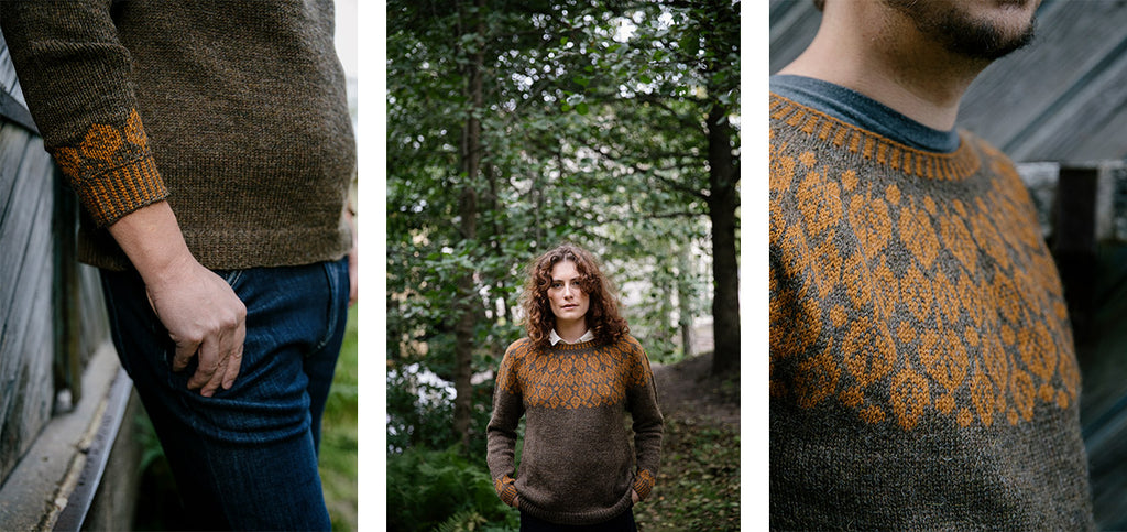 Three images of the Foliage sweater, worn by both male and female models.