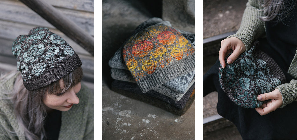 Three images of the Incandescent beanie, in two different colors.