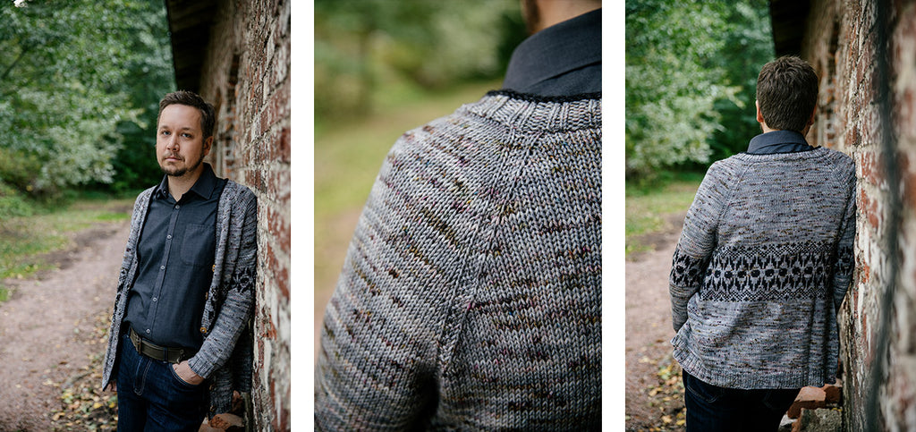 Three images of the Jojo cardigan, worn by a male model.