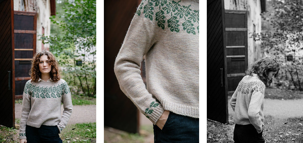 Three images of the Lehto sweater, worn by a model.