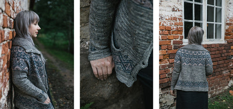 Three images of the Pirta cardigan, worn by Anna Johanna.