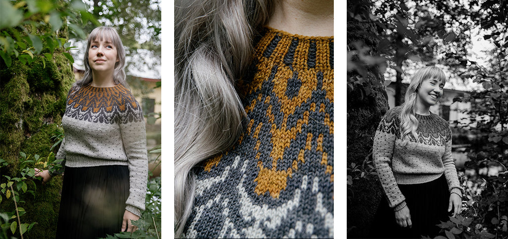 Three images of the Reed sweater, worn by Anna Johanna.