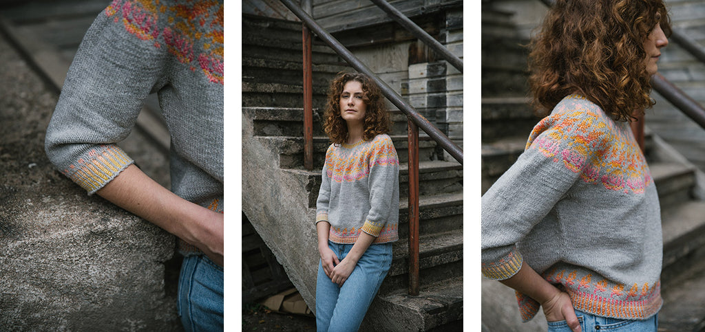 Three images of the Rose hip sweater, worn by a model.