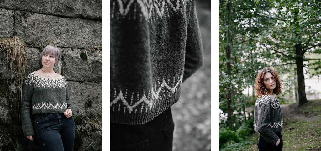 Three images of the Sprout sweater, worn both by Anna Johanna and a model.