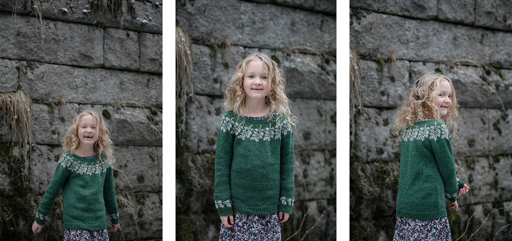 Three images of the Taimi sweater, worn by a child.