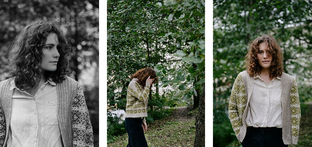 Three images of the Thistle cardigan, worn by a model.
