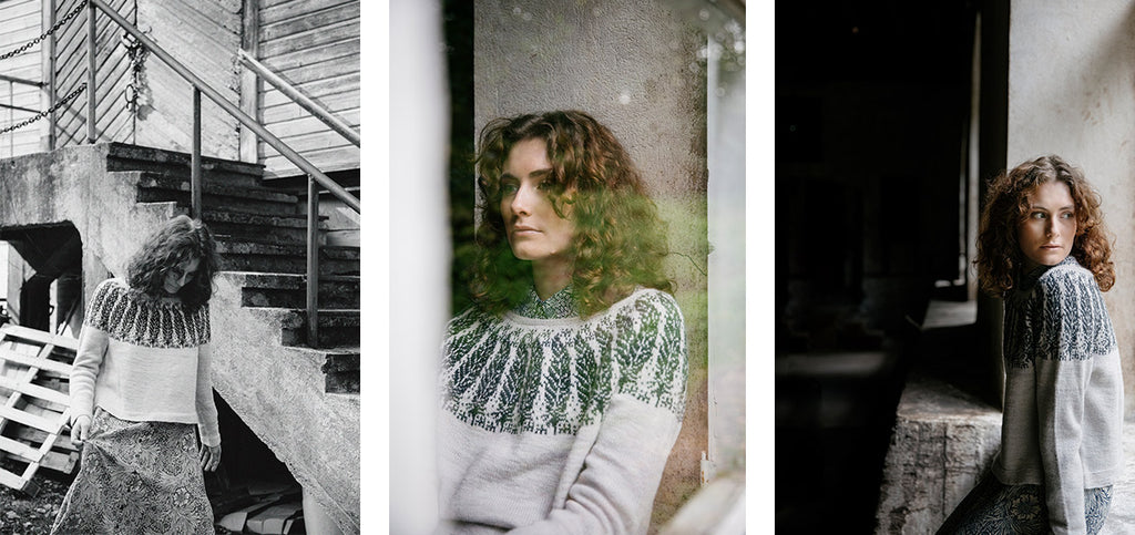Three images of the Weightless sweater, worn by a model.