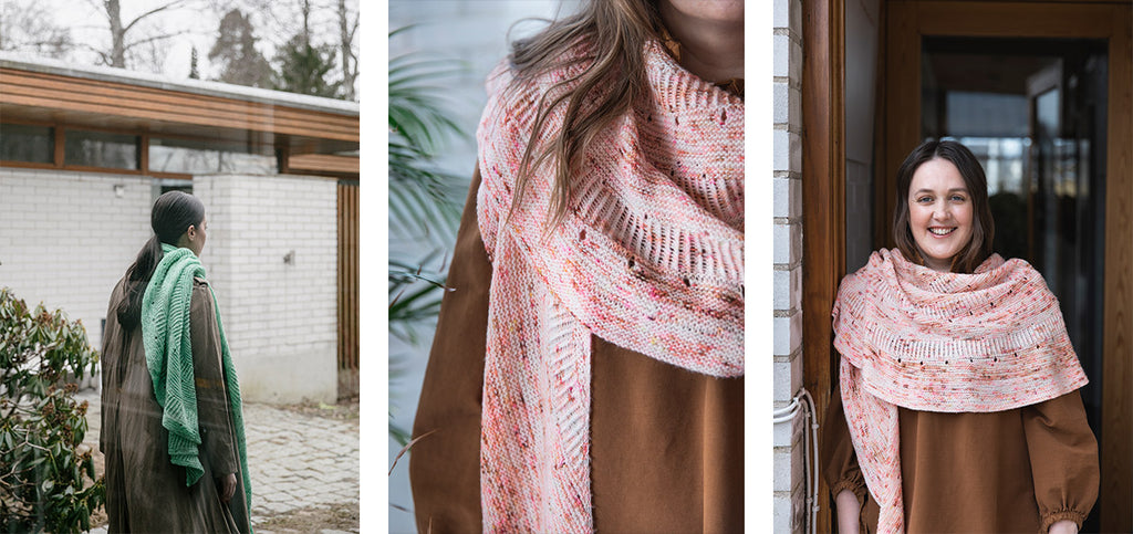 Three images of the Alli scarf: a green version worn by a model, and a pink version worn by Veera.