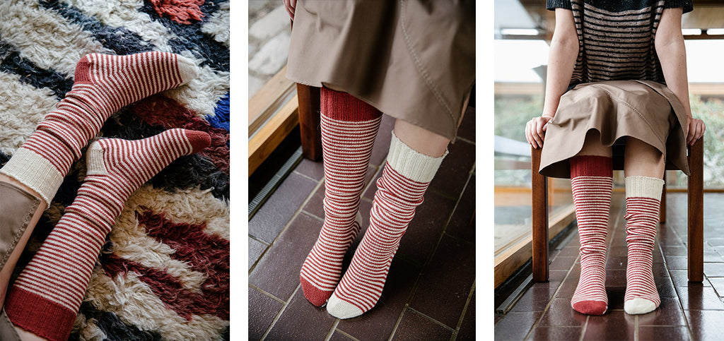 Three images of the Anni socks in red and white.
