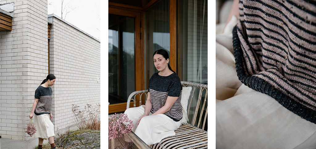 Three images of the Helene sweater, worn by a model.