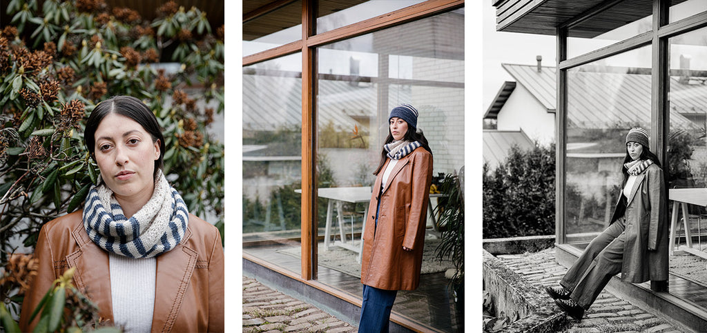 Three images of a model wearing the Ida scarf and hat.