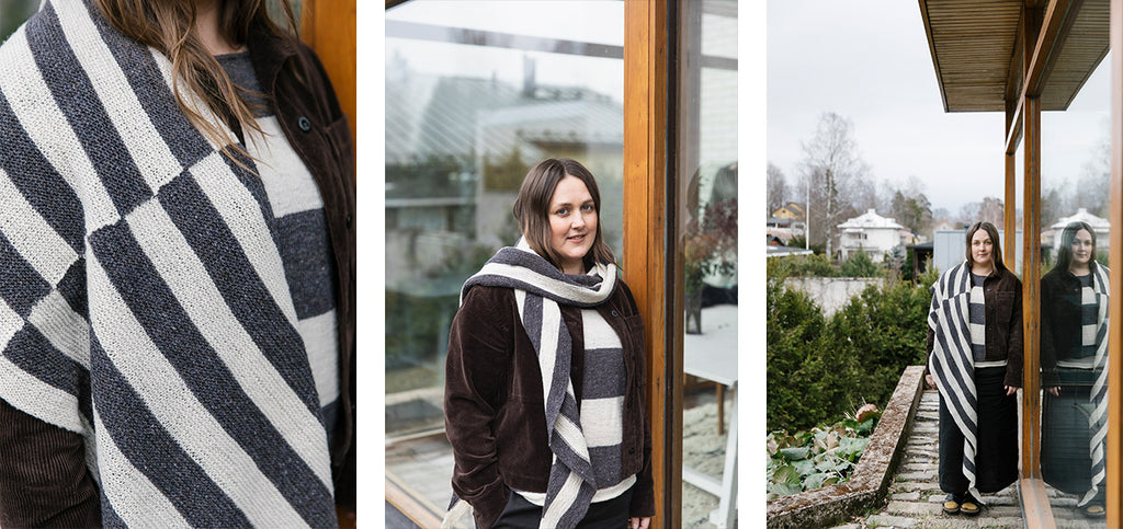 Three images of the Kaarna shawl, worn by Veera.